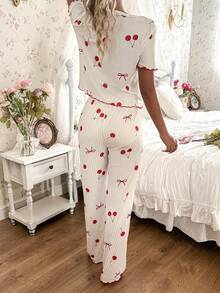 SHEIN 女士睡衣套装，罗纹面料，蝴蝶结装饰，可爱樱桃印花短袖上衣和长裤。 - 白色 - 查看 3