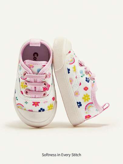 Cozy Pixies 1 Pair Baby Girls' Floral White Button Lace-Up Casual Comfortable Lightweight Cloth Shoes, Fashionable For Daily Wear, All Seasons