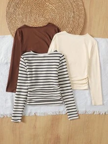 LMoss Kids 3pcs/Set Tween Girls' Solid Color Crew Neck Casual T-Shirts - Brown - View 2