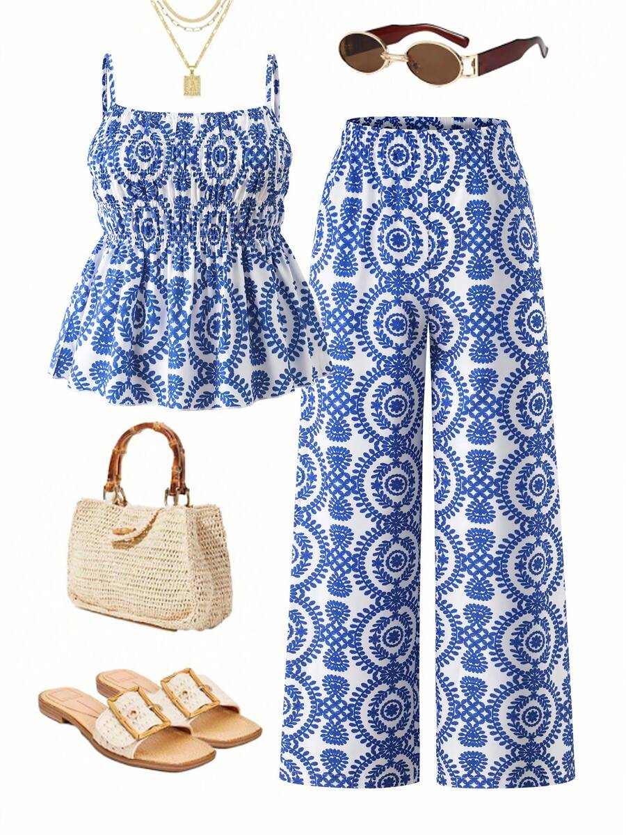 2件套少女休闲吊带背心和阔腿裤套装，梭织面料，松紧腰带，夏季 - 彩色 - 查看 1