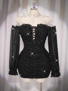 SHEIN ICON 加大码黑色Y2K性感灯笼袖露肩褶皱连衣裙，节日装扮，派对礼服，波西米亚风连衣裙 - 黑色 - 查看 3