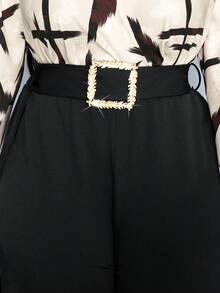 SOLERSUN 大码女装时尚条纹印花蝴蝶结长袖衬衫搭配宽松纯色腰带金属装饰长款阔腿裤两件套，简约气质两件套，职场通勤复古风，适合日常休闲穿着、野餐、约会、音乐节、情人节、毕业季、派对等场合。女士秋季服装，秋冬季必备。 - 黑色 - 查看 7