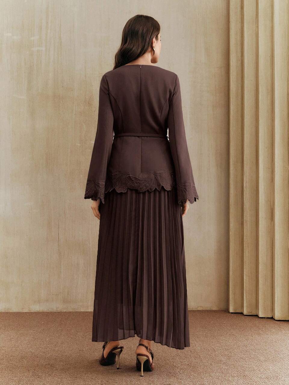 Anewsta Women's Autumn/Winter Coffee Brown Vintage Elegant Embroidered Waist Pleated Dress