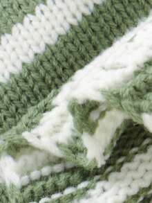 SHEIN 2pcs Newborn Baby Green Sweater Set: Round Neck Long Sleeve Cardigan With Pockets + Striped Suspender Romper - Green - View 5