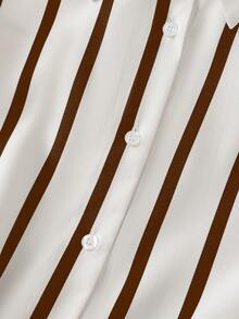 GlowEve 条纹衬衫和不对称百褶裙裤，优雅两件套女装 - 咖啡棕 - 查看 5