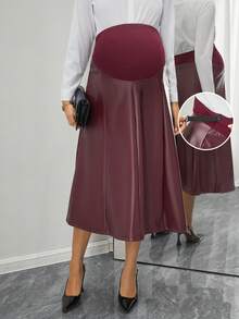 Momance Maternity Skirt With Belly Support, Ribbed & PU Leather Patchwork A-Line Skirt - Burgundy - View 1