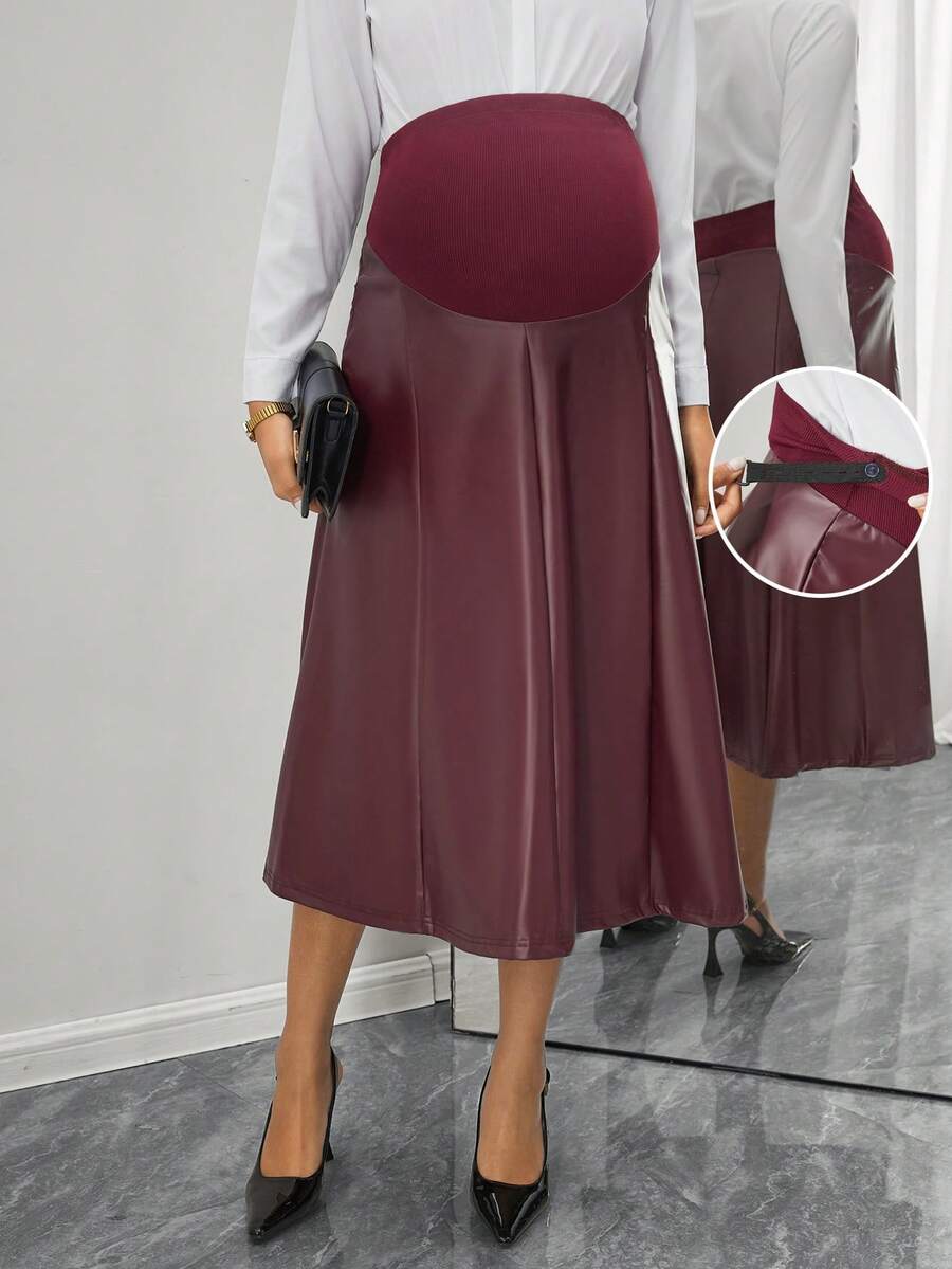 Momance Maternity Skirt With Belly Support, Ribbed & PU Leather Patchwork A-Line Skirt - Burgundy - View 1