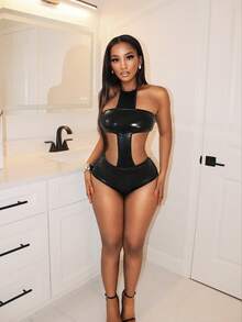 BamGleam 女士纯色露背性感连体衣 - 黑色 - 查看 3