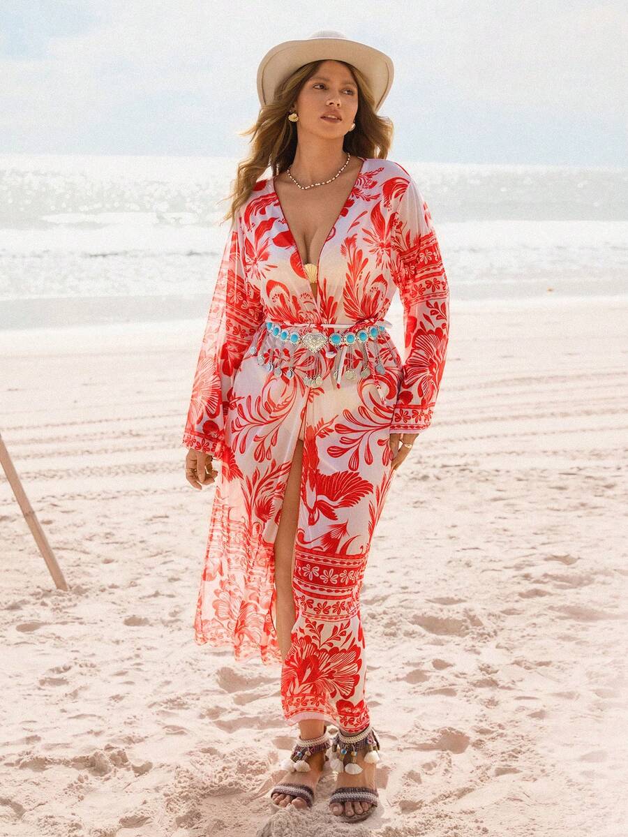 Swim Vcay Plus Size Women Minimalist Beach Resort Casual Placement Print Mesh Cardigan, Suitable For Beach Vacation - Multicolor - View 1