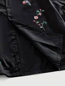 ROMWE MEN Casual 男士复古前扣花卉刺绣短袖衬衫，夏季 - 黑色 - 查看 5