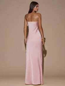 SHEIN BAE 性感简约纯色黄奶油色无肩带褶皱修身露背鱼尾长裙，适合派对、鸡尾酒会、正式场合、伴娘、生日、圣诞节、宴会、商务休闲等场合。 - 珊瑚粉 - 查看 2