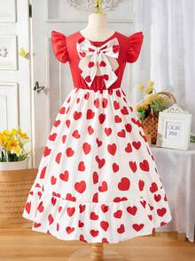 心形图案蝴蝶结后背短袖女童连衣裙 - 彩色 - 查看 2
