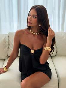 Aloruh Váy ngắn hở eo kim loại gợi cảm màu đen trang trí eo thon thả cho nữ - màu đen - Xem 1