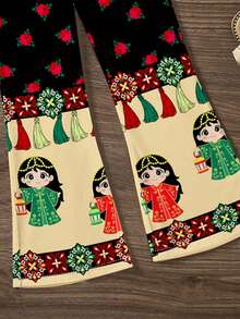 SHEIN 2pcs/Set Young Girl Cartoon Casual Round Neck Short Sleeve Top And Flare Pants - Multicolor - View 7