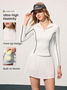 CourtClass Women's Zip-Up Half Placket Long Sleeve Top And Pleated Mini Skirt Tennis Outfit