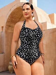 Swim Oasis Completo da donna taglie forti, stampa a pois casuale bianco e nero, moda vacanza e casual, gonna lunga in rete con stampa a pois abbinata a bikini, outfit di alta qualità - nero - Visualizzare 3