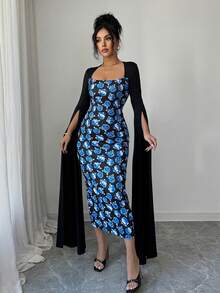 Rafferiza Vestido largo de manga larga con abertura y estampado fluido, vestido de noche con recortes, estilo europeo y americano - azul real - Ver 5