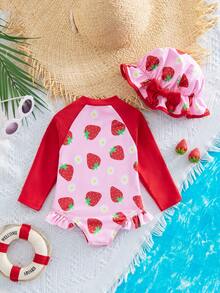 SHEIN Baby Girl Colorblock Strawberry Print One-Piece Swimsuit, Beach/Resort - Pink - View 6