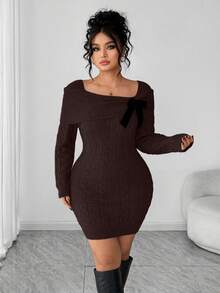 SHEIN Elenzya Women's Solid Color Off Shoulder Twist Knit Sweater Dress - Coffee Brown - View 4