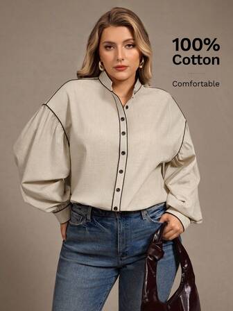 Auralis 女士黑白撞色滚边宽松泡泡袖灯笼袖长袖衬衫，纯棉材质，小立领，黑色纽扣，优雅法式工作衬衫