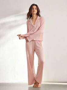 Ocili Soft & Comfortable Waffle Texture Simple Shell Button Baby Pink Long Sleeve & Pants Collar Placket Casual Women Pajama Set - Pink - View 4