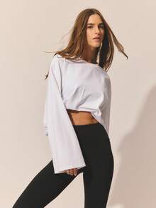 Aralina Soft Cotton Jersey Long Sleeve Relaxed Fit Cropped Silhouette Minimal Design Spring Clothes Cute Summer Tops Women Top - White - View 4