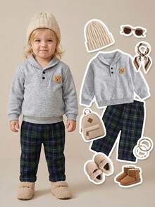 SHEIN 2 piezas Conjunto de niña bebé casual y lindo con bordado de oso, cuello de manzana, media cremallera, manga larga y pantalón recto a cuadros, adecuado para actividades al aire libre o en casa, proporcionando un uso cómodo en otoño/invierno - Gris - Ver 1
