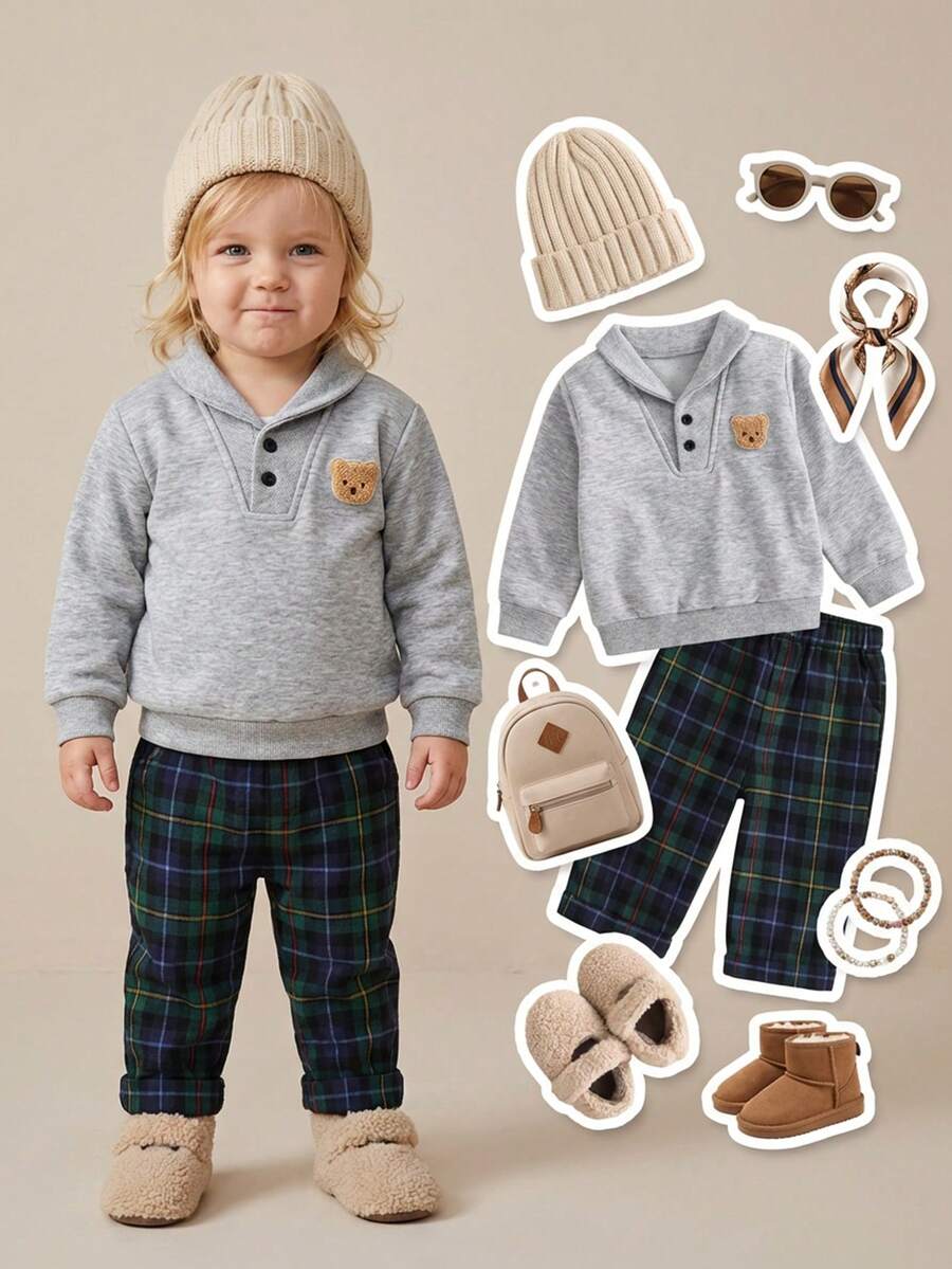 SHEIN 2 piezas Conjunto de niña bebé casual y lindo con bordado de oso, cuello de manzana, media cremallera, manga larga y pantalón recto a cuadros, adecuado para actividades al aire libre o en casa, proporcionando un uso cómodo en otoño/invierno - Gris - Ver 1