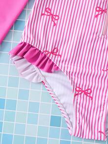 SHEIN Emery Rose Kids 少女夏季海滩度假长袖可爱蝴蝶结条纹印花连体泳衣 - 白色 - 查看 7