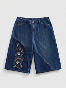 ROMWE MEN Casual Men's Patchwork Floral Embroidered Denim Shorts - Blue - View 1