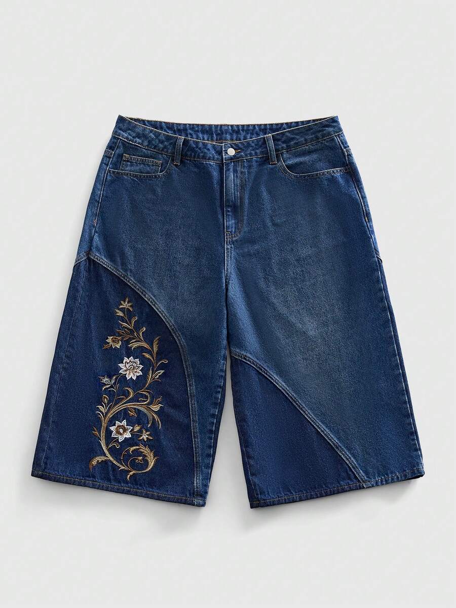 ROMWE MEN Casual Men's Patchwork Floral Embroidered Denim Shorts - Blue - View 1