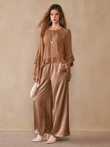 Florisole Women's Romantic Bohemian Loose Ruffled Blouse And Satin Pants 2 Pieces Set, Spring/Autumn - Khaki - View 4