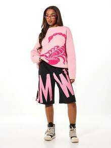 SUMWON WOMEN 超大款针织圆领毛衣，正面饰有大型花卉印花，长袖休闲秋冬套头衫 - 粉色 - 查看 5