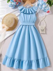 SHEIN Tween Girl V-Neck Ruffle Waist Tie Decor Fashion Party & Holiday Dress - Baby Blue - View 2