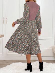 SHEIN LUNE Váy midi tay dài họa tiết hoa chắp vá thường ngày dành cho nữ - Màu tím - Xem 2