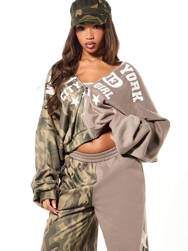 SUMWON WOMEN Wide Leg Camo Spliced Joggers With Stars