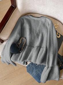 SHEIN Frenchy Women's Casual Lace-Up Long Sleeve Cardigan, Autumn/Winter - Grey - View 2