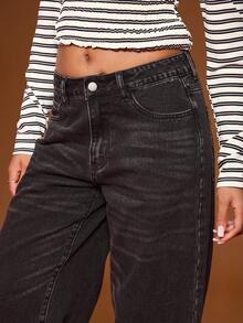 COUREZ Jeans de tiro bajo con ajuste holgado en lavado negro / Ropa casual de invierno Y2K Ropa de mujer de otoño Pantalones anchos lindos de tiro bajo - Negro - Ver 7
