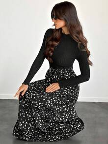 SHEIN Tall Đầm dài tay cổ đứng in hoa thanh lịch dành cho nữ, đầm maxi dài tay, đầm dài thường ngày, đầm maxi in họa tiết động vật, đầm maxi kín đáo, đầm maxi đen thắt eo, quần áo mùa thu cho nữ, đầm mùa thu cho nữ, đầm cho nữ, đầm thanh lịch cho nữ, đầm thanh lịch cho nữ, đầm dài in hoa thanh lịch, đầm dài tay thanh lịch - màu đen - Xem 3