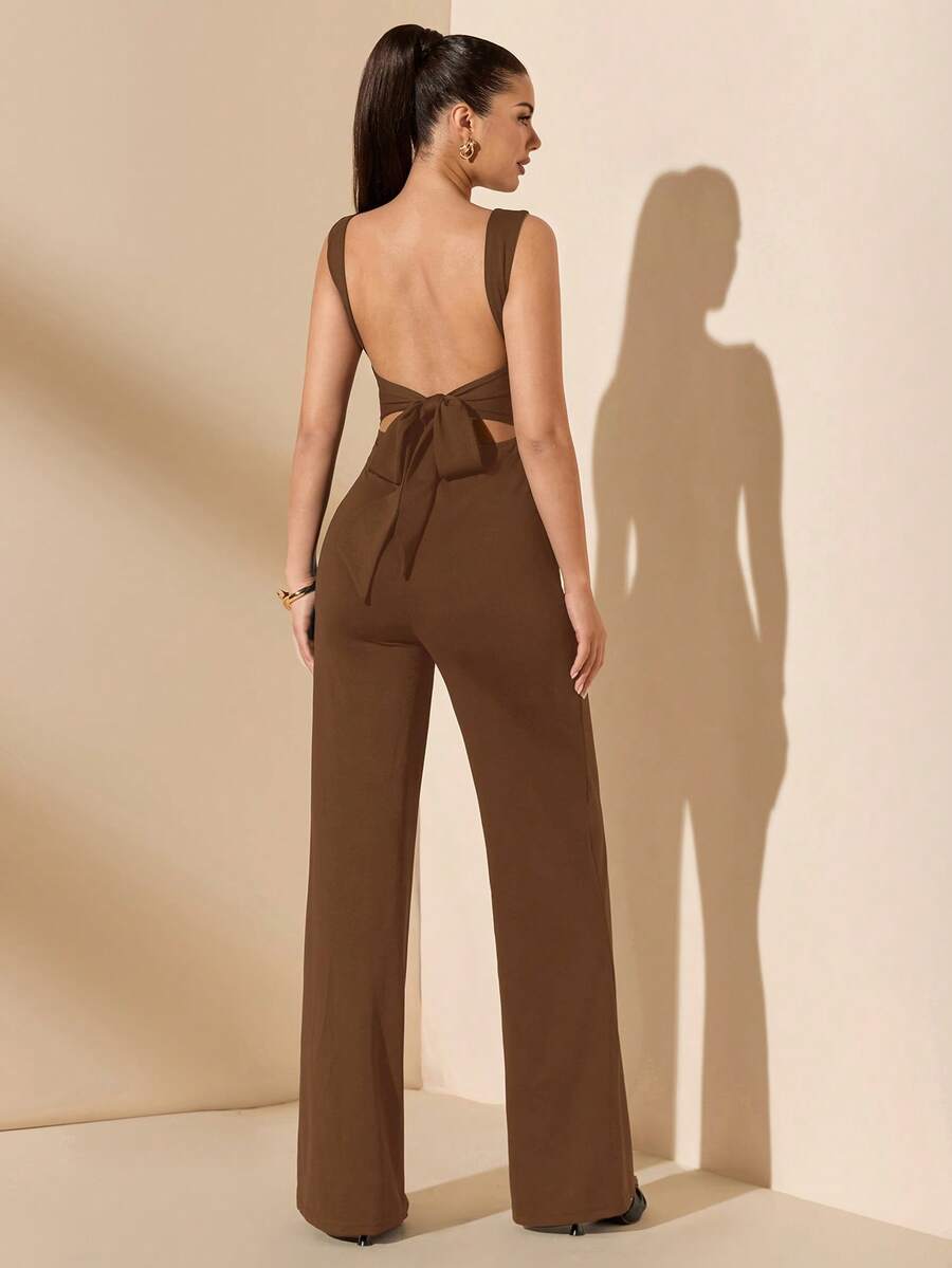 SHEIN BAE 春夏纯黑色优雅性感露背系带蝴蝶结无袖超长阔腿连体裤，适合日常约会、外出、聚会、派对等场合，优雅女士叠穿，不对称连体裤，阔腿连体裤，情人节连体裤，日常连体裤，优雅连体裤 - 棕色 - 查看 1