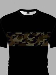 Manfinity Homme Plus Size Camouflage Color Block Casual Print Slim Fit Short Sleeve T-Shirt Set, Couple Matching Outfit, Suitable Gift For Boyfriend - Black - View 3