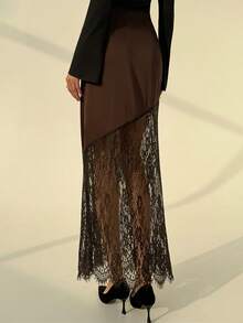 Aloruh 秋冬新款浪漫约会棕色缎面撞色蕾丝A字裙，情人节女士穿搭 - 棕色 - 查看 6