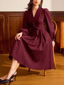Vintamour 复古优雅女士连衣裙，带口袋和扭结细节，长袖，休闲通勤，适合度假、冬季穿着，也可作为女士冬季连衣裙、圣诞服装、圣诞套装、新年服装、感恩节套装、优雅连衣裙等。 - 酒紅色 - 查看 3