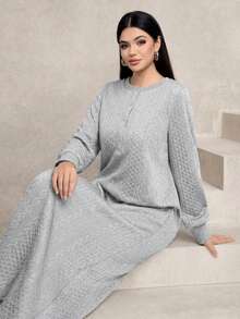 Graceveil Women's Casual Textured Fabric Round Neck Loose Long Sweatshirt, Green, Autumn/Winter - Light Grey - View 4