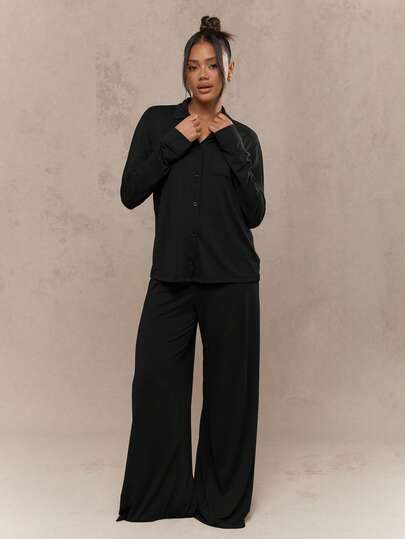 MISSGUIDED Comfortable Long Sleeve Button Up Collared Shirt And Wide Leg Trouser Pajama Lounge Set For Relaxation