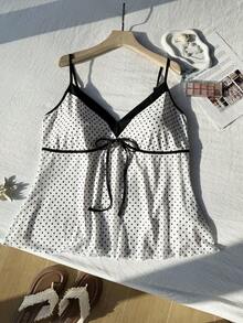 Comfortcana 大码波点撞色拼接前系蝴蝶结休闲可爱吊带背心，春夏款 - 黑與白 - 查看 7