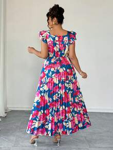 Elenzga Vestido largo de mujer talla grande con estampado floral, cuello cuadrado, mangas con volantes, cintura fruncida y estilo vintage francés versátil para vacaciones y citas - Multicolor - Ver 5