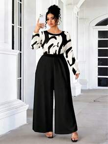 GlowEve CURVE 大码女式休闲优雅纯色简约艺术印花圆领长袖收腰后拉链长款连体裤，适合通勤、旅行、聚会及其他休闲场合，春秋季 - 彩色 - 查看 3