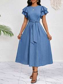 SHEIN Lady Vestido midi de mujer de unicolor con cuello redondo, mangas con volantes y cinturón - Azul - Ver 6