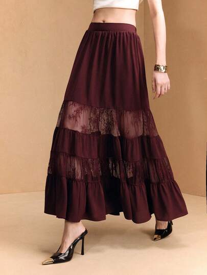 Arave Women's Burgundy Plain Satin Patchwork Floral Pattern Lace Trim A-Line Wide Skirt With Elastic Waistband, Elegant For Dates,  ,  ,  , Winter, Winterwinter New Year